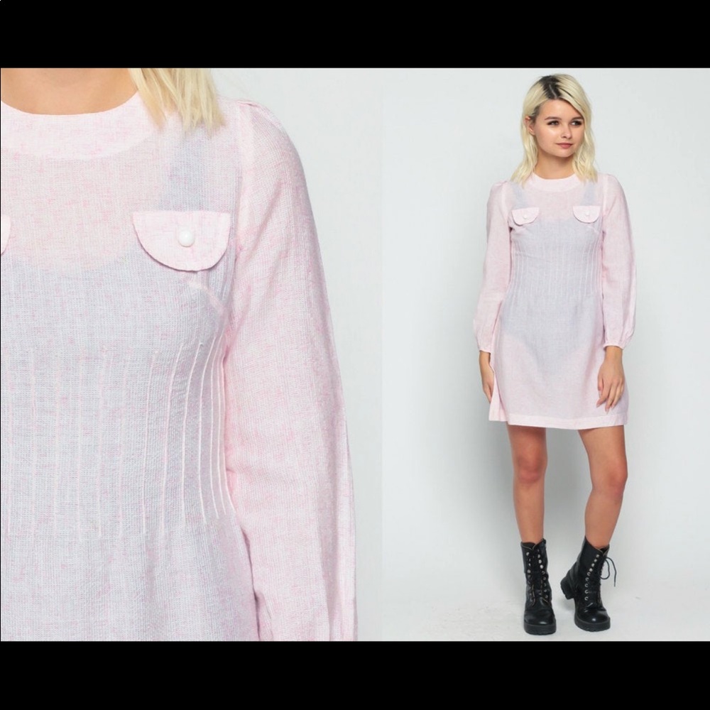 Puff Sleeve Dress Pastel Pink Shift SHEER 60s Mod Mini Vintage 1960s XS